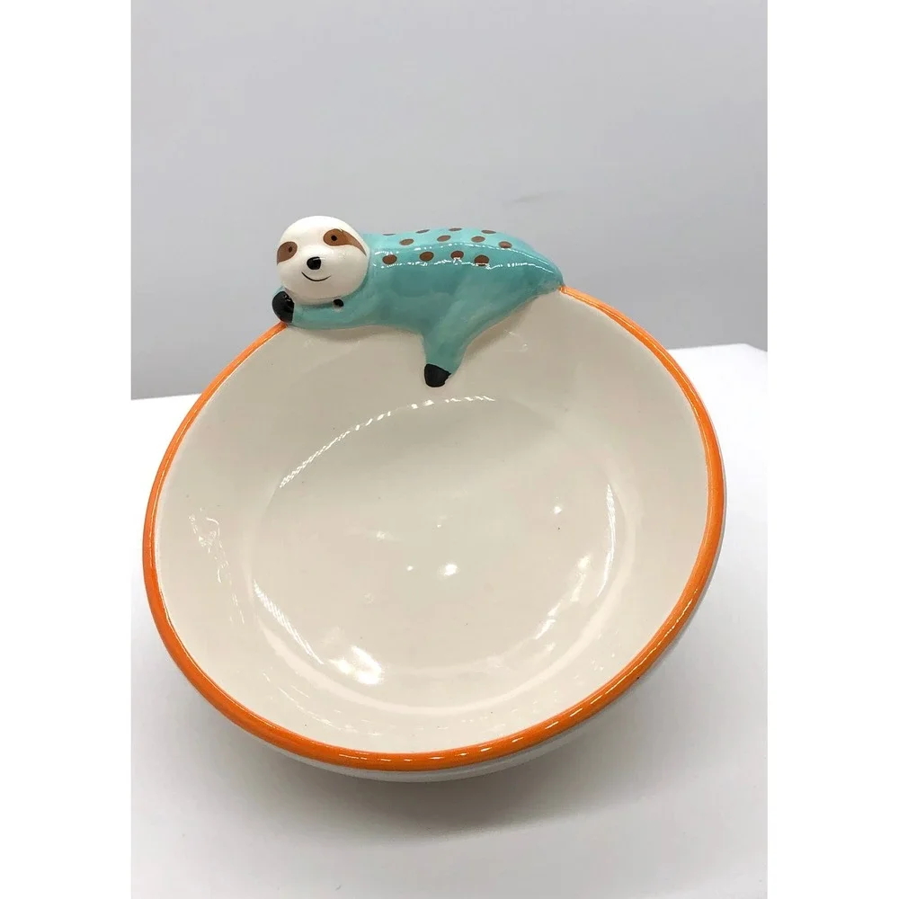 Whimsical Ceramic Sloth Trinket Dish Teal 3D Animal Figurine Catchall Bowl 5.5